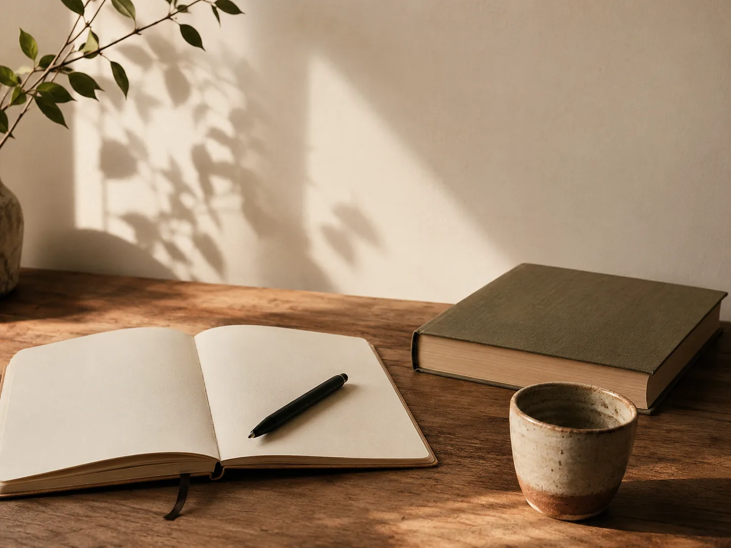 Cuaderno abierto, libro y taza sobre una mesa de madera
