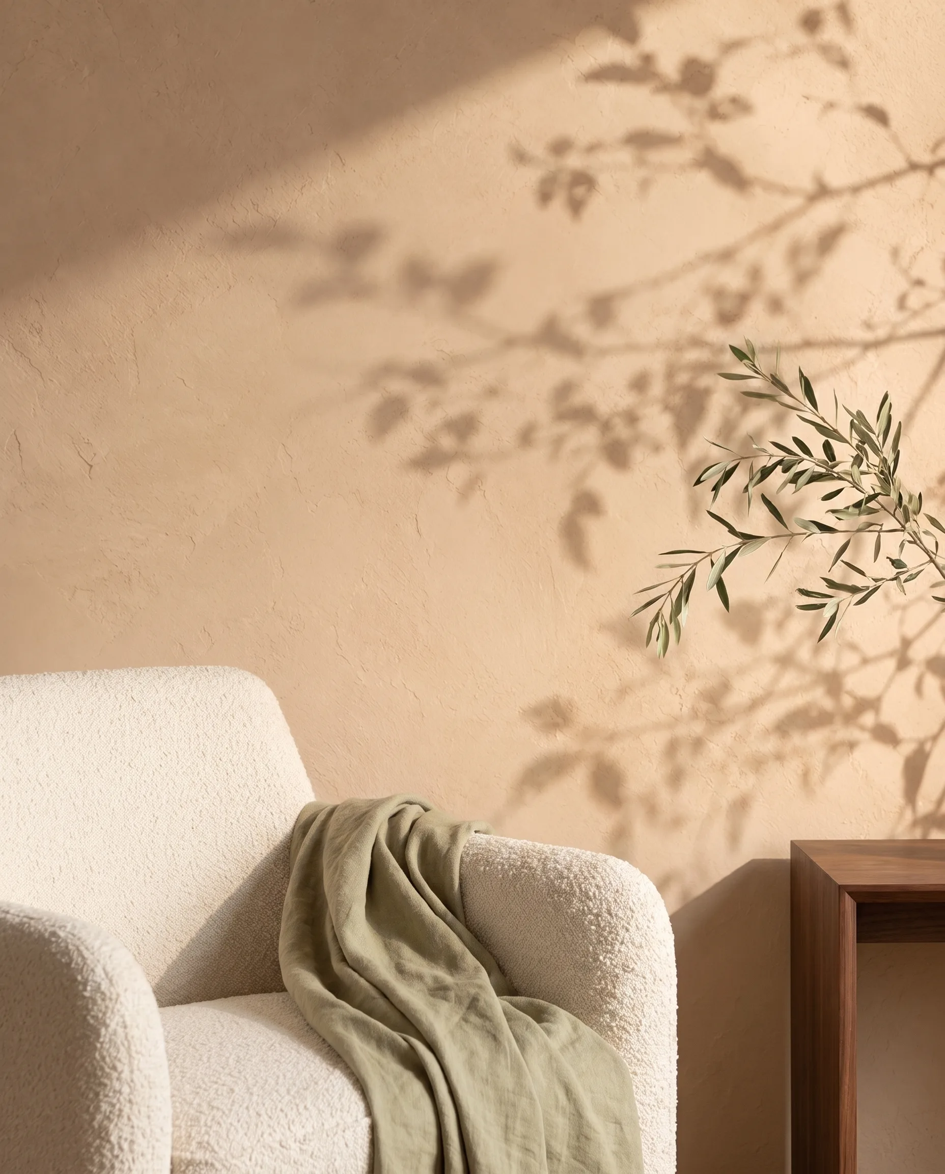 Detalle de sillón marfil con lino oliva